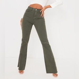 PrettyLittleThing Olive Khaki Raw Hem Knee Ripped Knee Flare Jeans